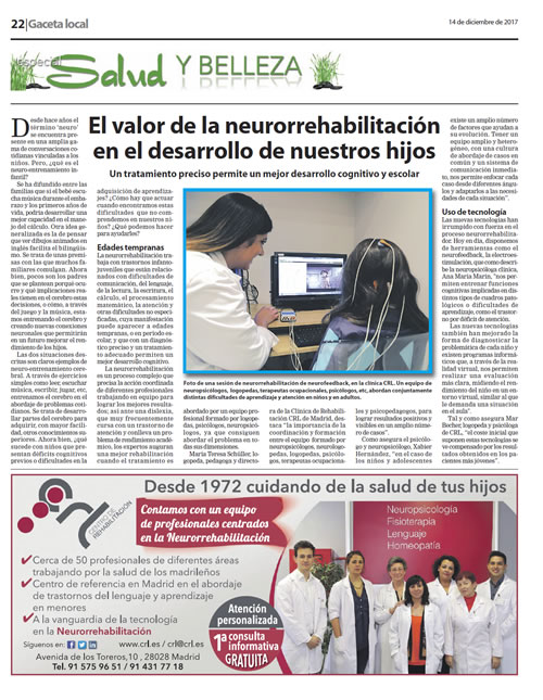 Periódico “Gaceta Local”. 14/12/2017. EL VALOR DE LA NEURORREHABILITACIÓND